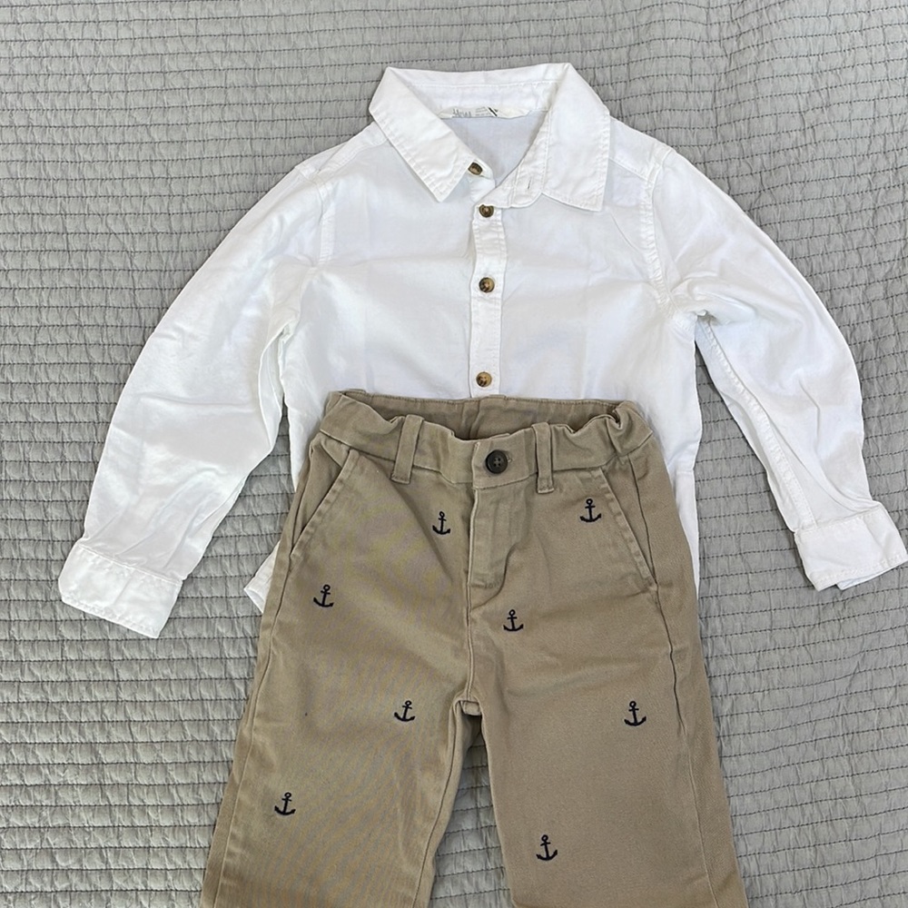 Bundle: Janie and Jack anchor pattern embroidered pants +H&M white shirt
